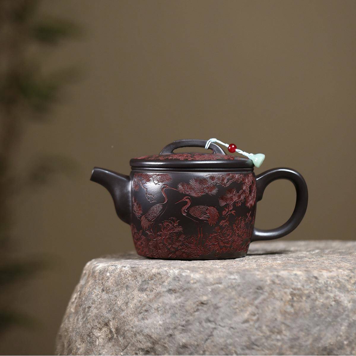 大容量宜兴石紫砂ZHIFU-55家壶匠人工制作原矿黄泥仙鹤延年汉瓦手
