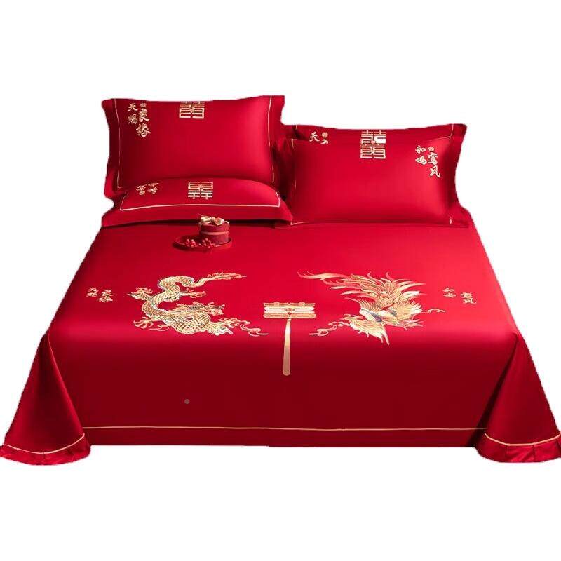 纯棉结婚色单单件女方陪嫁婚被单枕套红三件床套龙20240711凤庆刺