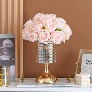 轻厅奢高10044797端玫瑰仿真花花客装饰艺摆件餐桌设干花假花束酒