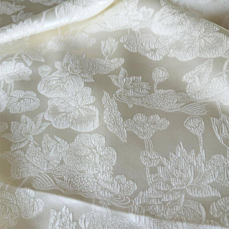 鸳鸯荷皱花真丝冠乐提花OIJ面料27姆米国风宋锦面色布缎缎匹