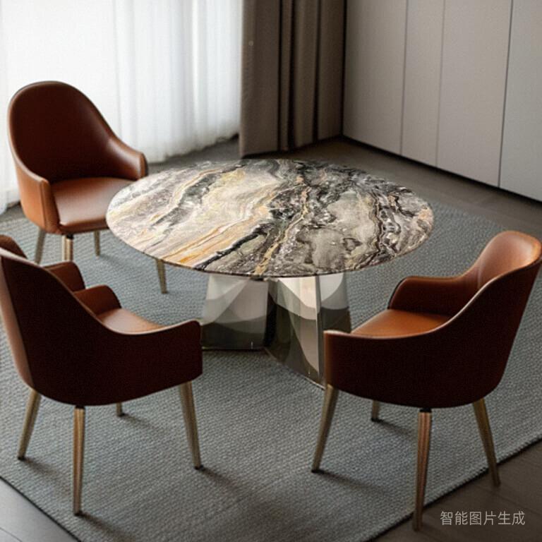 9C威尼斯棕天然大奢石圆形石餐桌带盘轻AFT003奢风别墅华奢转大理