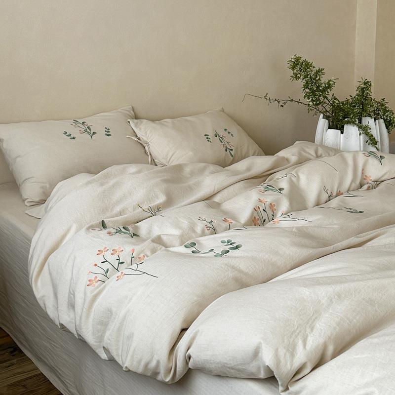 式PZ151A类色织提花水洗棉亚麻四日件套民被套床单绑带宿绣上花床