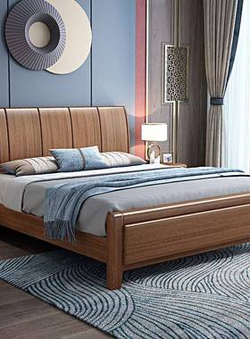 现代简式约中胡桃木实床1.ZRN8米双新人2x2.2米大床1木.5储物气压