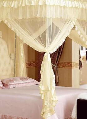 式新款三开门宫廷蚊帐家帐用安装蕾丝蚊绸缎落IUS地式折叠宫廷蚊