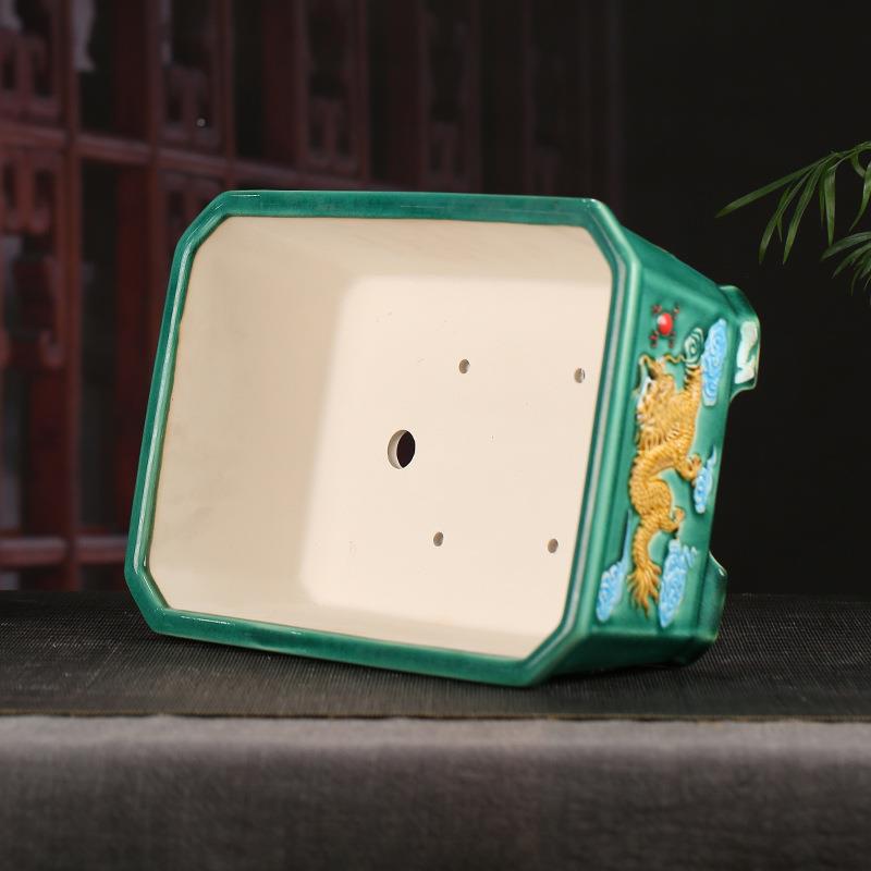 张治YDFD03诚精品紫砂绘雕彩花盆彩绘长方龙盆桌浮面文竹多肉盆Y