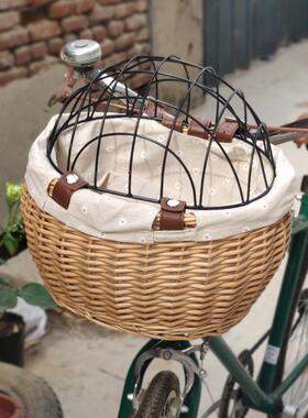 收编藤编织纳筐柳自行36878车车筐宠物篮猫笼带盖编织手提篮前编