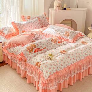 公主床四季夹水洗加厚蕾GaD6jKH棉丝三件套花版边被套床盖上韩四