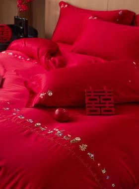 A类婚10J庆0S长绒棉四件高精床密刺绣纯棉结婚大红色套被套上用品