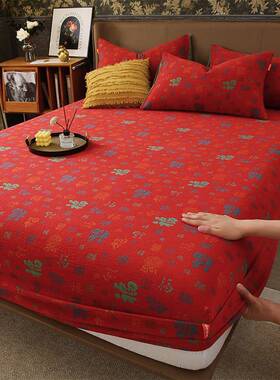 百福棉双层床CW笠单庆件床单套大纱红色婚纯全棉纱布床罩席梦思床