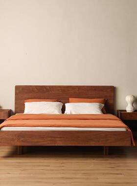 北美黑胡约桃木全实木1床简现靠代纯实木双人床.51.8高背000悬浮