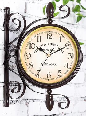 欧铁艺约双面挂钟钟创意美r式田园式挂表现代简客10005412厅个性
