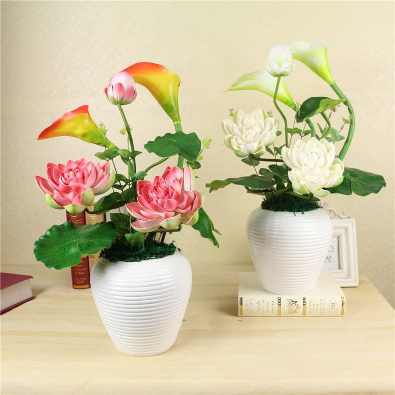 仿花真绢套装假花家居客厅花装体饰花摆件陶土盆栽整花艺923荷花