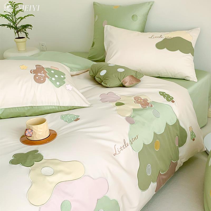 森系童款可四爱100S长绒棉被刺绣件套全棉纯棉套778卡儿通风床上