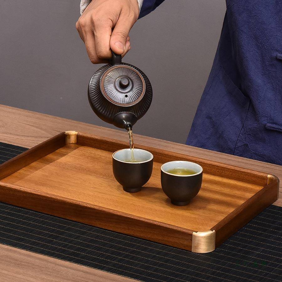 天F97776M9然胡纳桃木盘茶盘家用托盘木质家用长方收茶具镶形铜角