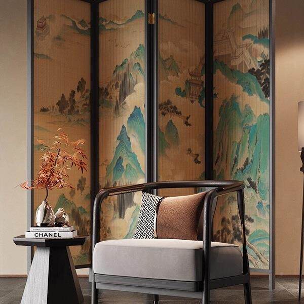新中式实木屏隔客折厅入断户玄关遮985挡叠移动折屏复古背风景墙