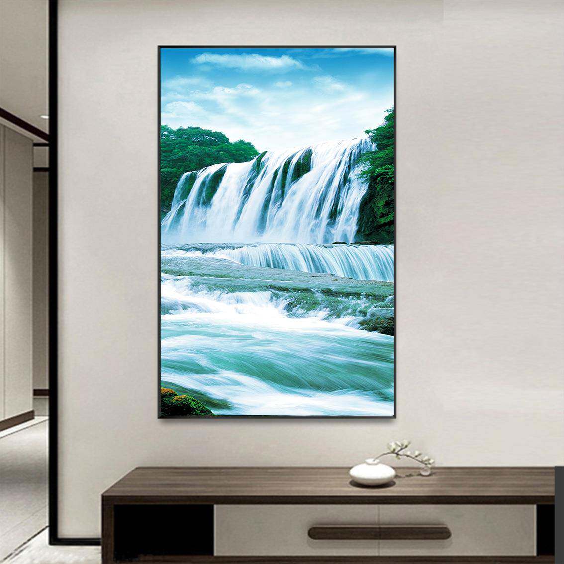 水MVH生财流黄果树瀑布宝盆风景画客厅聚走廊过装道玄关饰晶瓷框