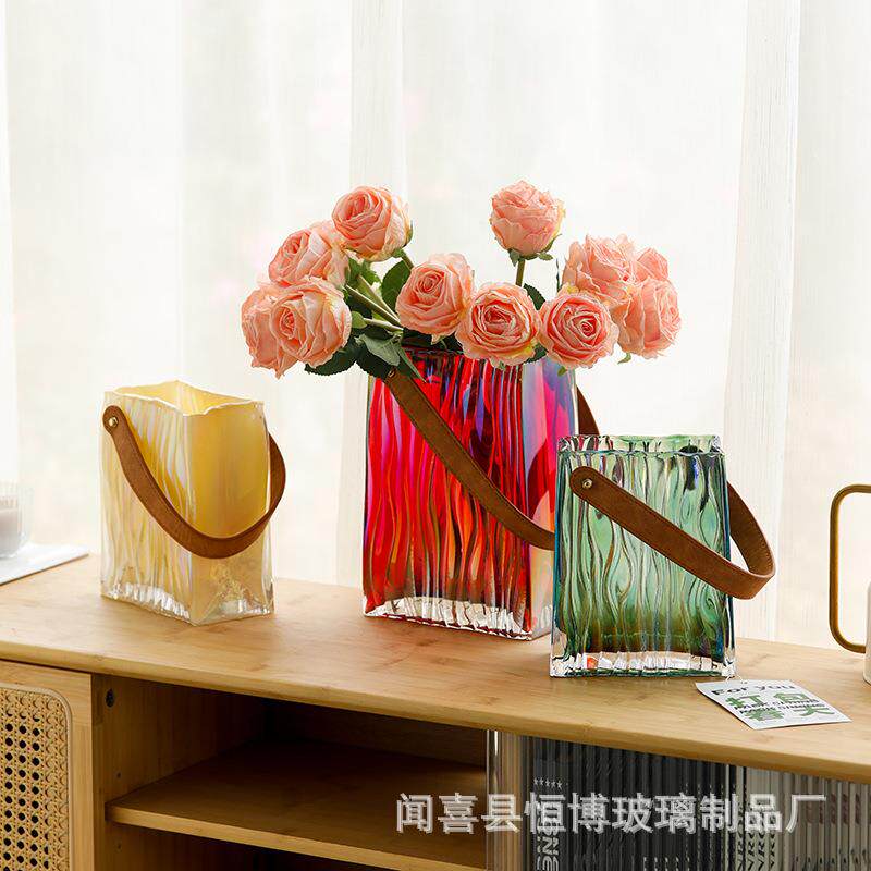 北简手提包玻璃花瓶in欧s风高颜值培透明水插花手提袋瓶约家居轻
