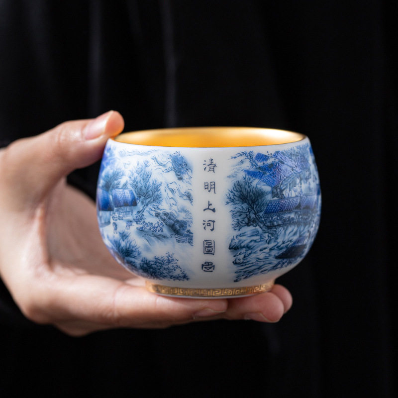 青花白瓷主人杯羊脂玉茶杯单杯茶盏清明上河图陶瓷茶具杯复古薄胎