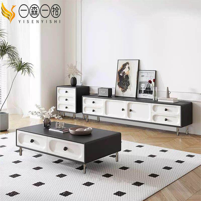 中新式奶油大熊猫电视柜中古风黑930电视柜茶几白组合网红地柜客