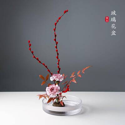 玻璃圆盘花器中式意插花皿浅盘禅剑山插花器皿盆平底花玻器CYP璃