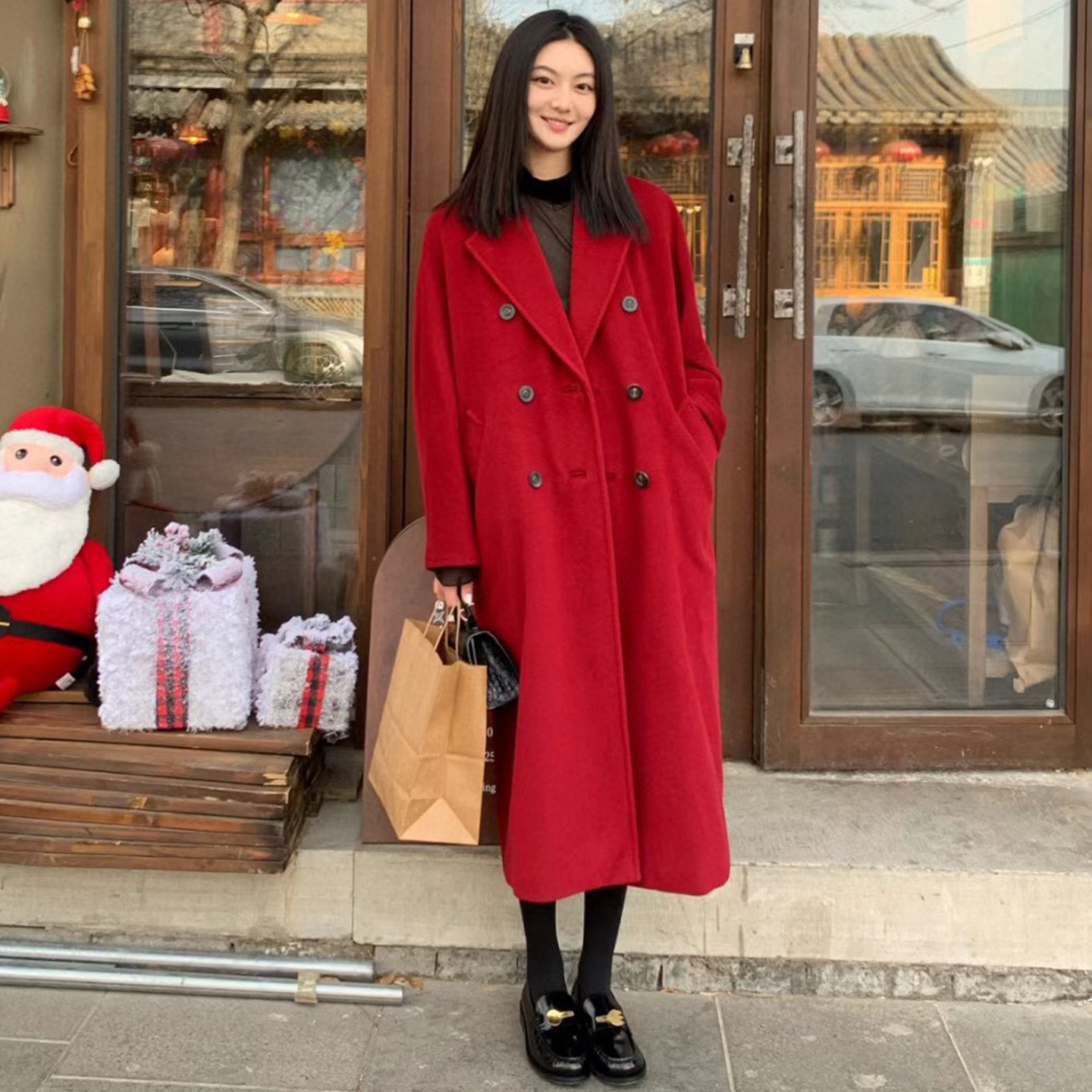 羊毛绒毛呢外套女新年本命年喜庆红色气质毛呢保暖加厚中长款大衣