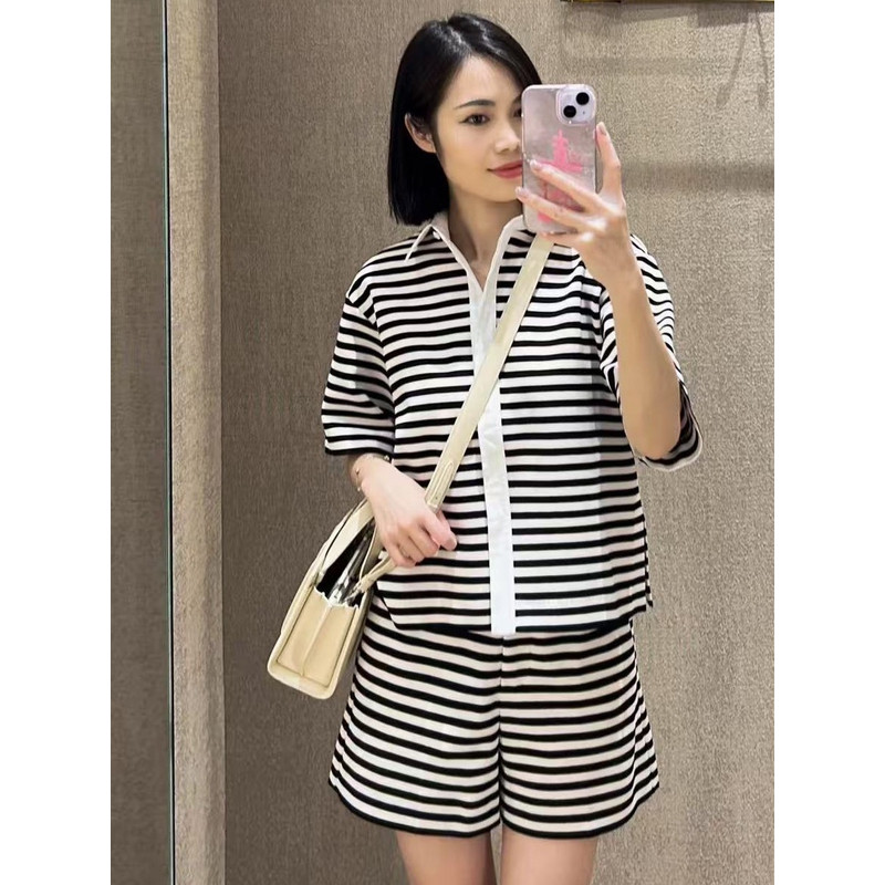 黑白条纹针织套装夏季休闲风条纹短袖上衣短裤两件套女时尚百搭