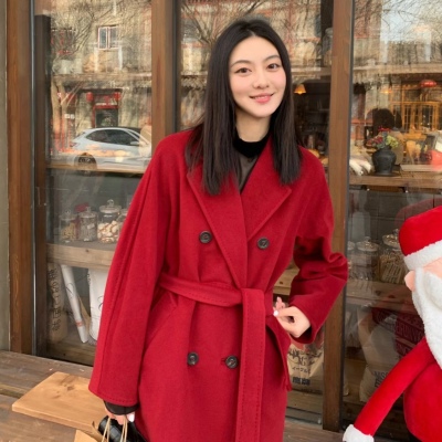 羊绒毛呢外套女新年本命年喜庆红色高品质双面羊绒加厚中长款大衣