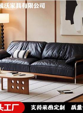 法式复古云糕沙发中古风大象耳朵小户型客厅黑色直排三人沙发实木