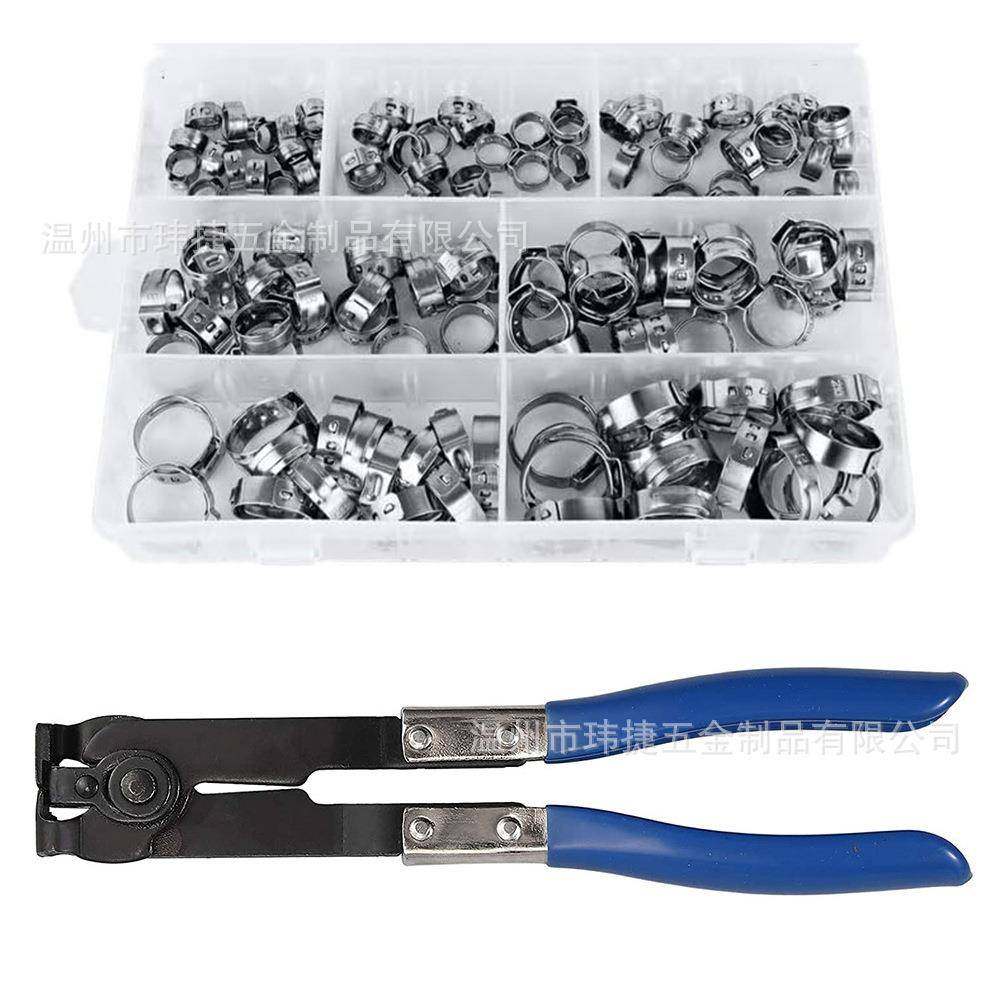 130PCS盒装不锈钢单耳卡箍管箍箍圈软管夹美式喉箍带抱箍钳子