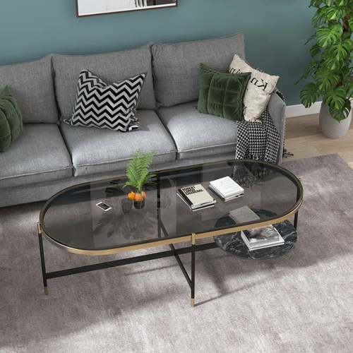 意式轻奢钢化玻璃茶几北欧家用椭圆形岩板小茶几桌大理石简约现代