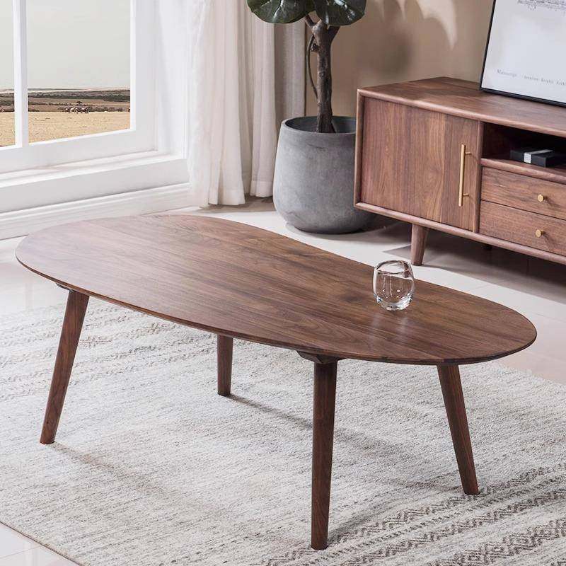 北美黑胡桃木北欧风家用茶几椭圆形茶条日式极简实木客厅茶台茶桌