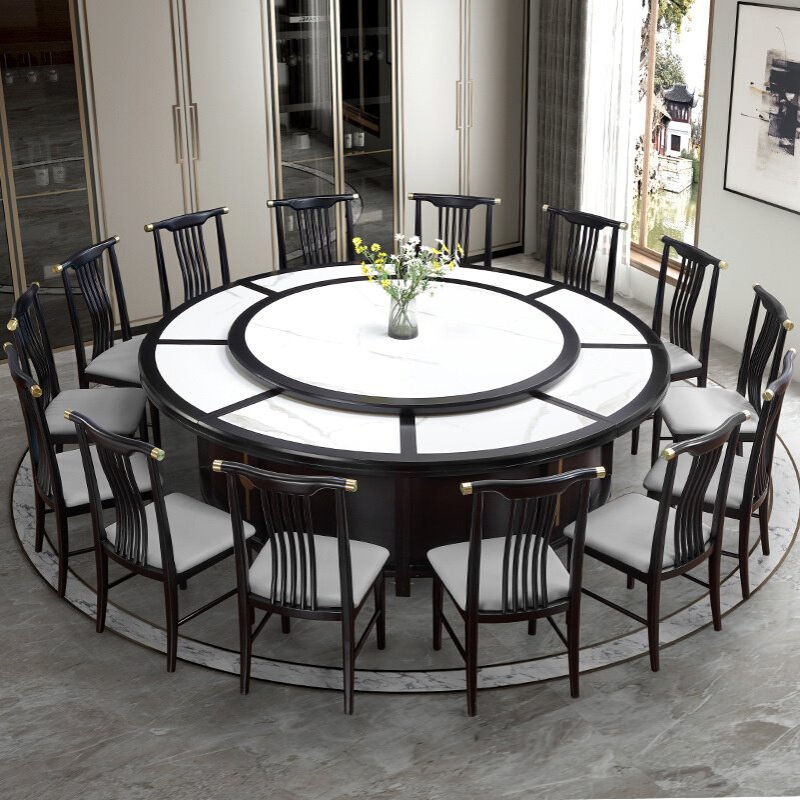 新中式酒店岩板餐桌电动实木大圆桌2.4米饭店会所包厢包间火锅桌