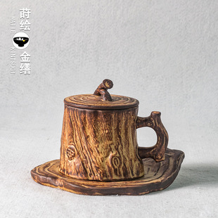 手工粗陶咖啡杯个性 带把手冲咖啡马克杯创意复古艺术拉花杯日式