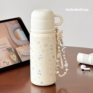 三饮杯子保温杯女生高颜值2025新款便携带盖大容量吸管水杯雪花猫