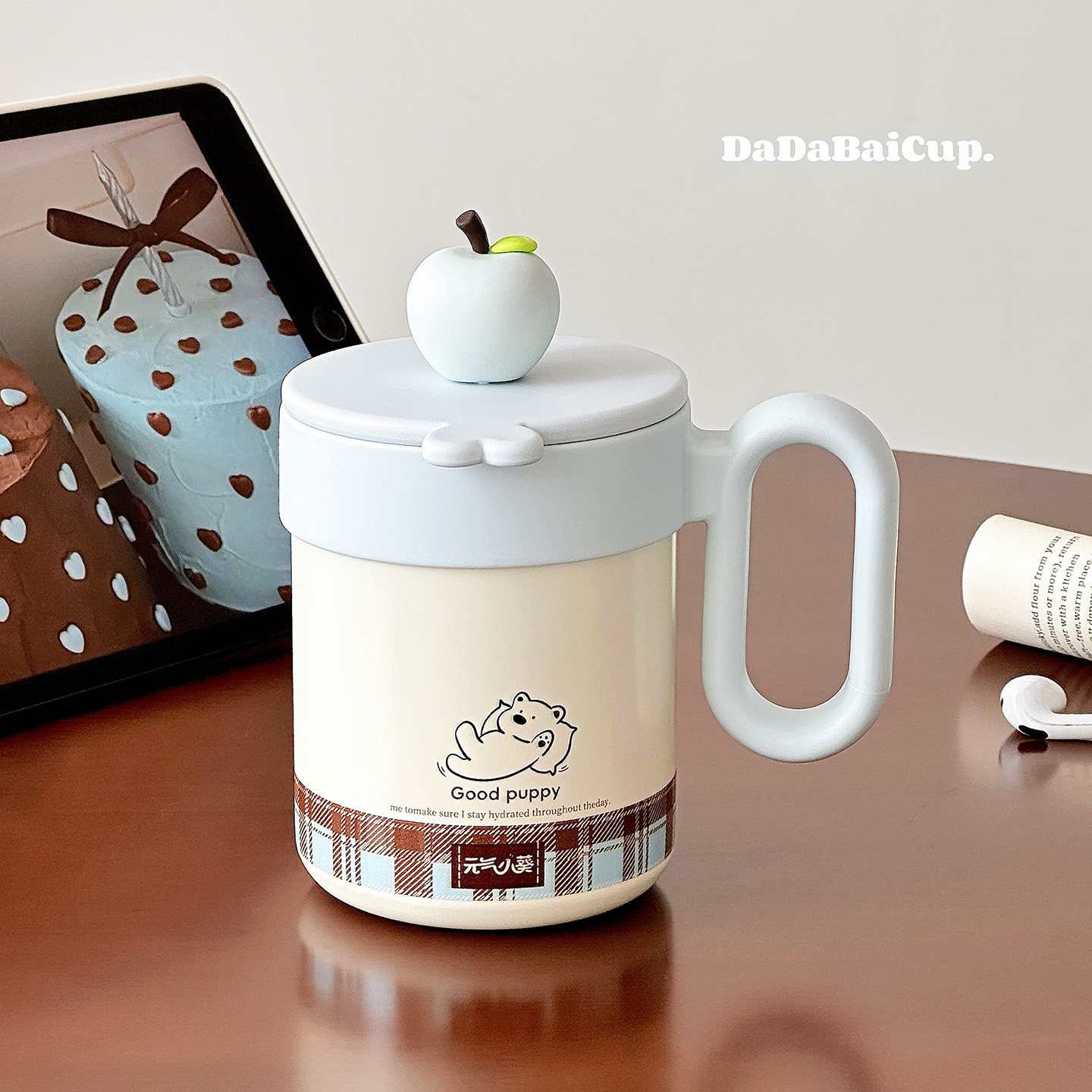 苹果小狗桌面把手水杯保温杯女生高颜值马克杯带盖办公室便携杯子,餐饮具,马克杯,淘宝优惠券,粉丝福利购,淘宝优惠卷