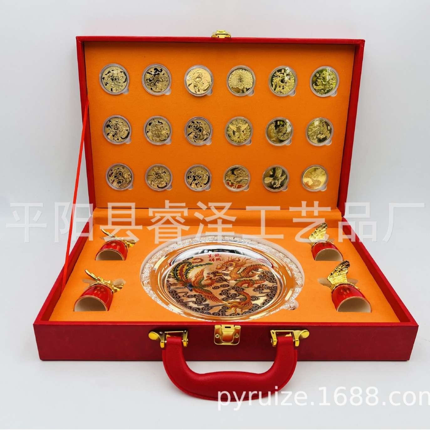 龙凤呈祥纯色立体镀金纪念章龙凤骨瓷杯镀银展示盘九龙九凤镀金章