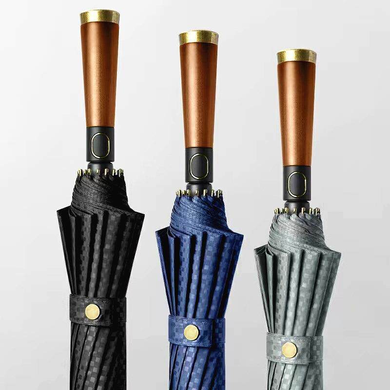 德国高档男士商务长柄雨伞复古木柄加固16骨防风120cm直柄抗风暴