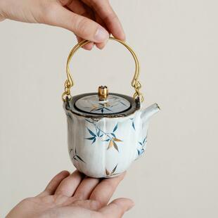铜把提梁壶老岩泥粉引纯手绘竹叶泡茶壶高颜值女士高档一人饮