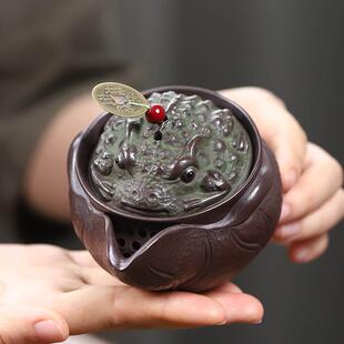 宜兴紫砂壶手工紫泥金蟾手抓壶莲花分茶器公道杯过滤茶具配件160m