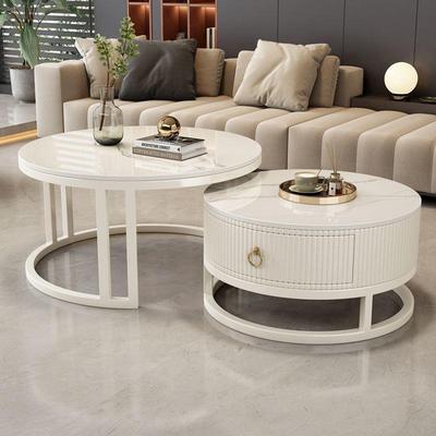 圆形岩板茶几奶油风小户型简约客厅大小家用现代双层伸缩轻奢茶桌
