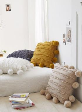 北欧抱麻立00123体毛装绒提花毛球饰工艺枕酒店民宿棉彩色沙发靠