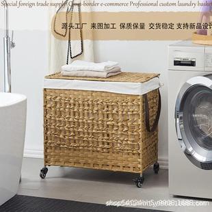 藤编洗衣篮储工编可织折叠洗衣物箱带布CD 20250衬移动滑轮大容手