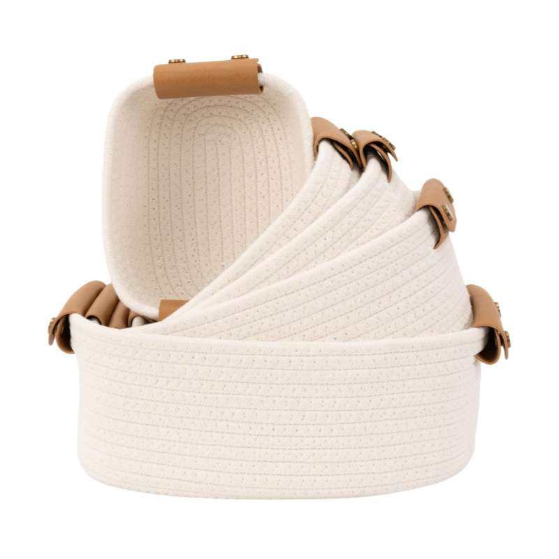 大唛棉绳桌面收纳筐带皮把手五件套棉绳收纳筐棉置物筐化妆收纳筐,电子元器件市场,其它元器件,淘宝优惠券,粉丝福利购,淘宝优惠卷