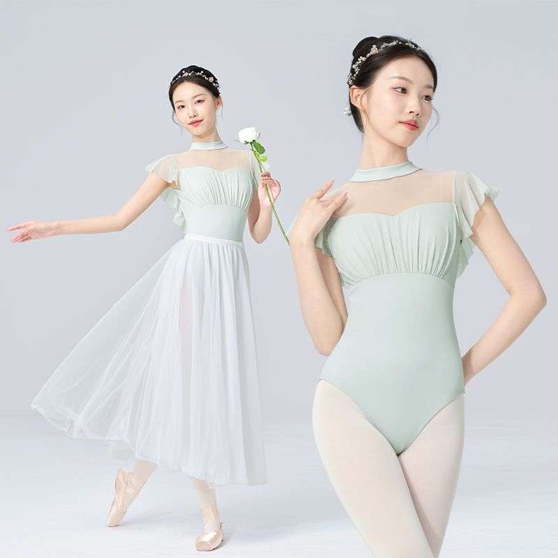 舞蹈服女成人夏季中国舞短袖芭蕾舞连体服立领高胯露背无袖练功服