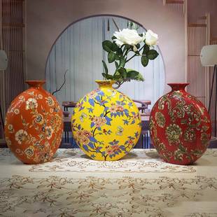 新中式 饰扁花瓶干花摆件 摆件创意陶瓷花瓶扁形花瓶电视柜摆件软装