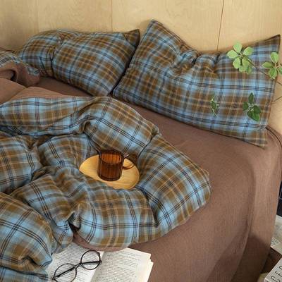复古格子中古风软糯柔软双层纱全棉四件套纯棉床单被套床笠款床品