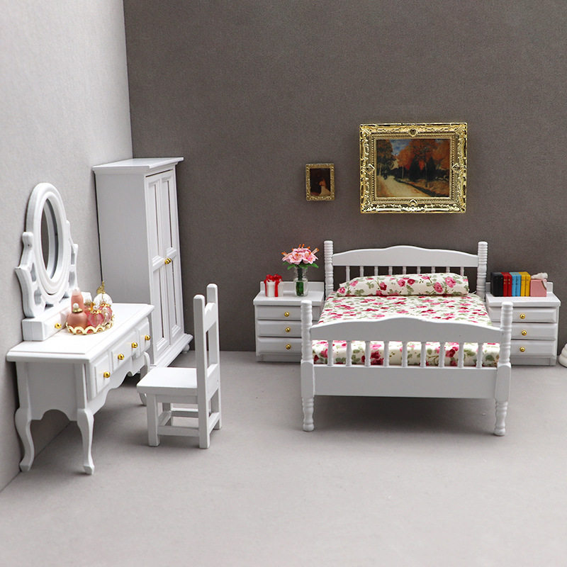 1:12娃娃屋dollhouse迷你家具模型摆件白色卧室微场景床梳妆台柜