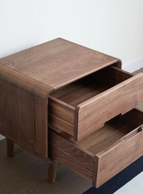 北美胡CTG-0789桃木极床头柜全实黑木床头柜2抽卧室简储物柜简约