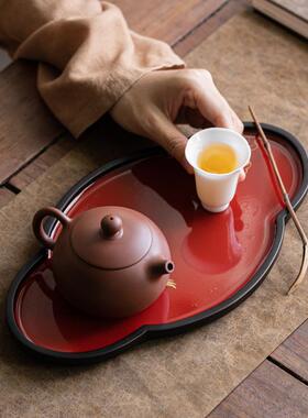 竹茶制托盘红色小盘茶中式干泡盘国风茶奉圆形XPB仿大婚漆壶承结