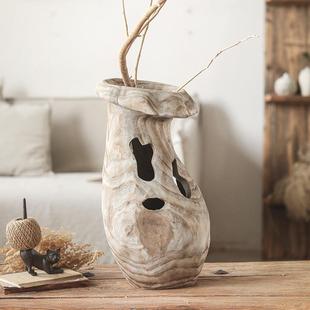 实木镂空猪笼草宿花瓶诧寂风民装 饰关件创IPL意设计复摆古做旧玄